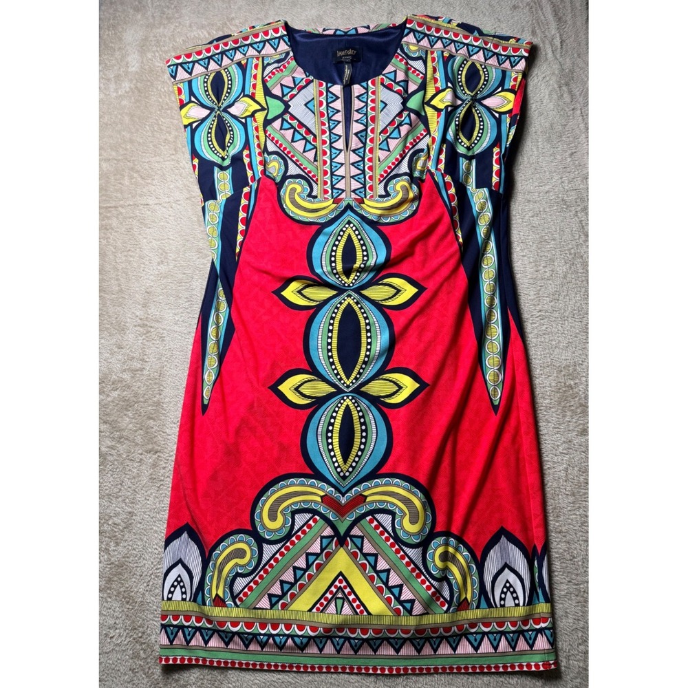 Laundry by Shelli Segal Red Multi Geometric Tribal‎ Print Cap Sleeve Dress Small